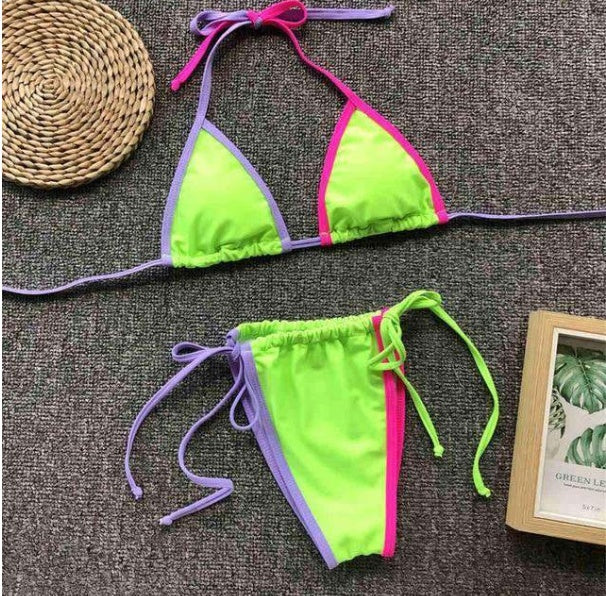 Candy-colored stitching halter bikini