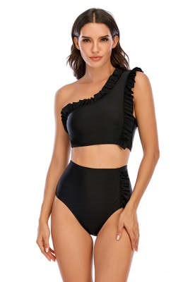 Flounced One-shoulder Bikini High Waist Swimming Trunks Swimsuit Set