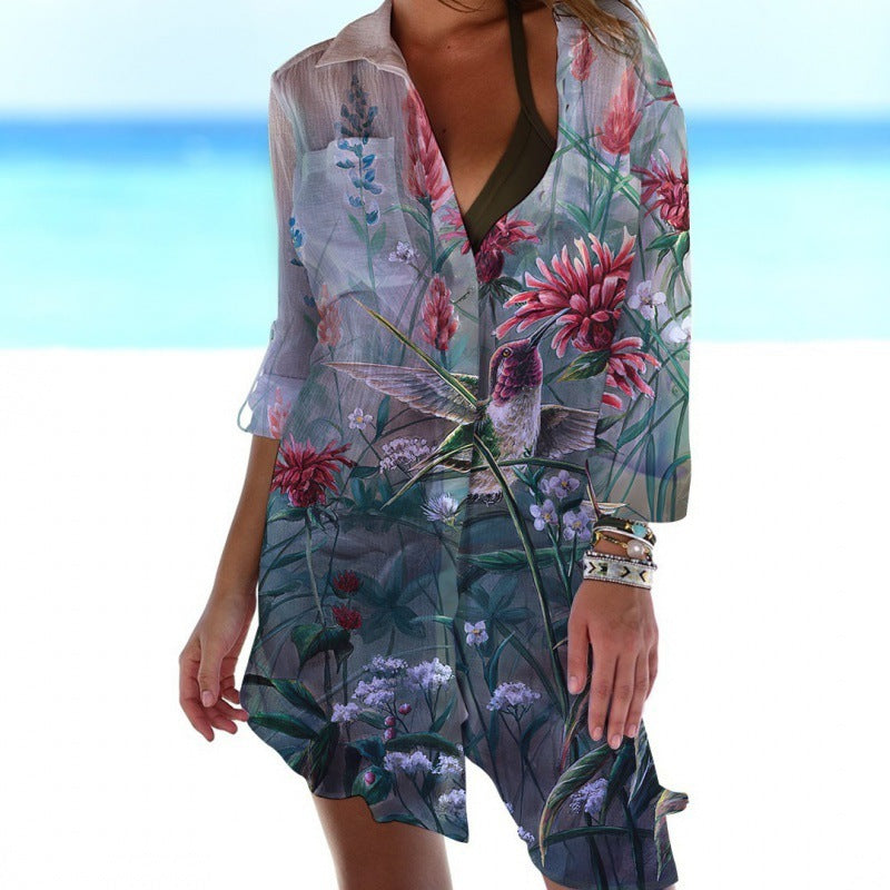 Casual Women's Clothing Bird-and-flower Beach Vacation Blouse