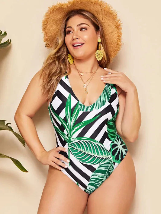 Tropical Leaf Plus-Size One-Piece Swimsuit