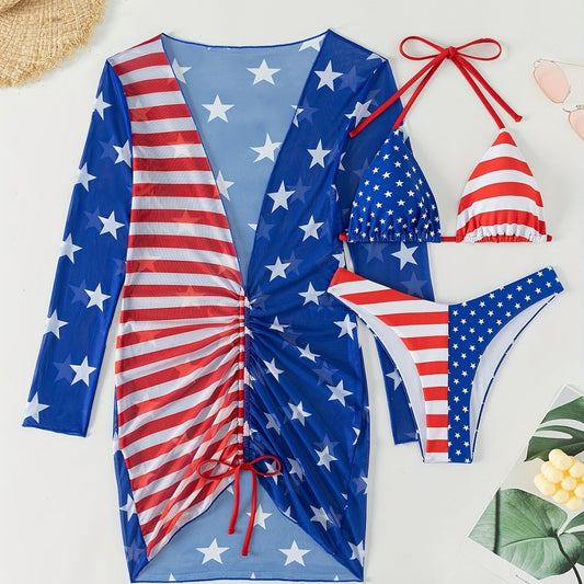 Women's Swimsuit Sleeveless Halter Loose Independence Day Flag Printed Gauze Three-piece Suit