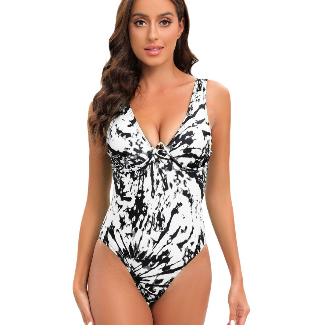 Marble V-Neck One-Piece Swimsuit - Multiple Colors