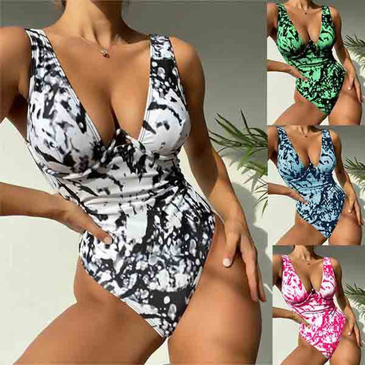 Marble V-Neck One-Piece Swimsuit - Multiple Colors