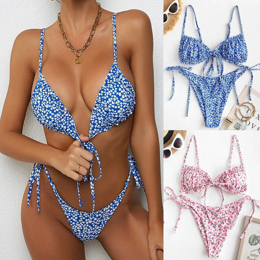 Printed Multi-rope Banded Bikini Women's Swimsuit