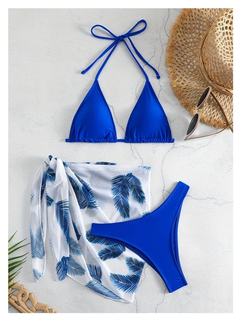 Bikini Three-piece Swimsuit Solid Color Skirt