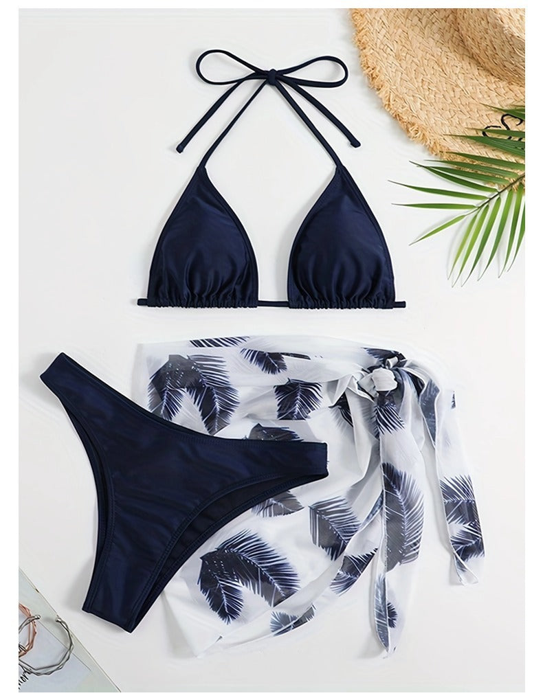 Bikini Three-piece Swimsuit Solid Color Skirt