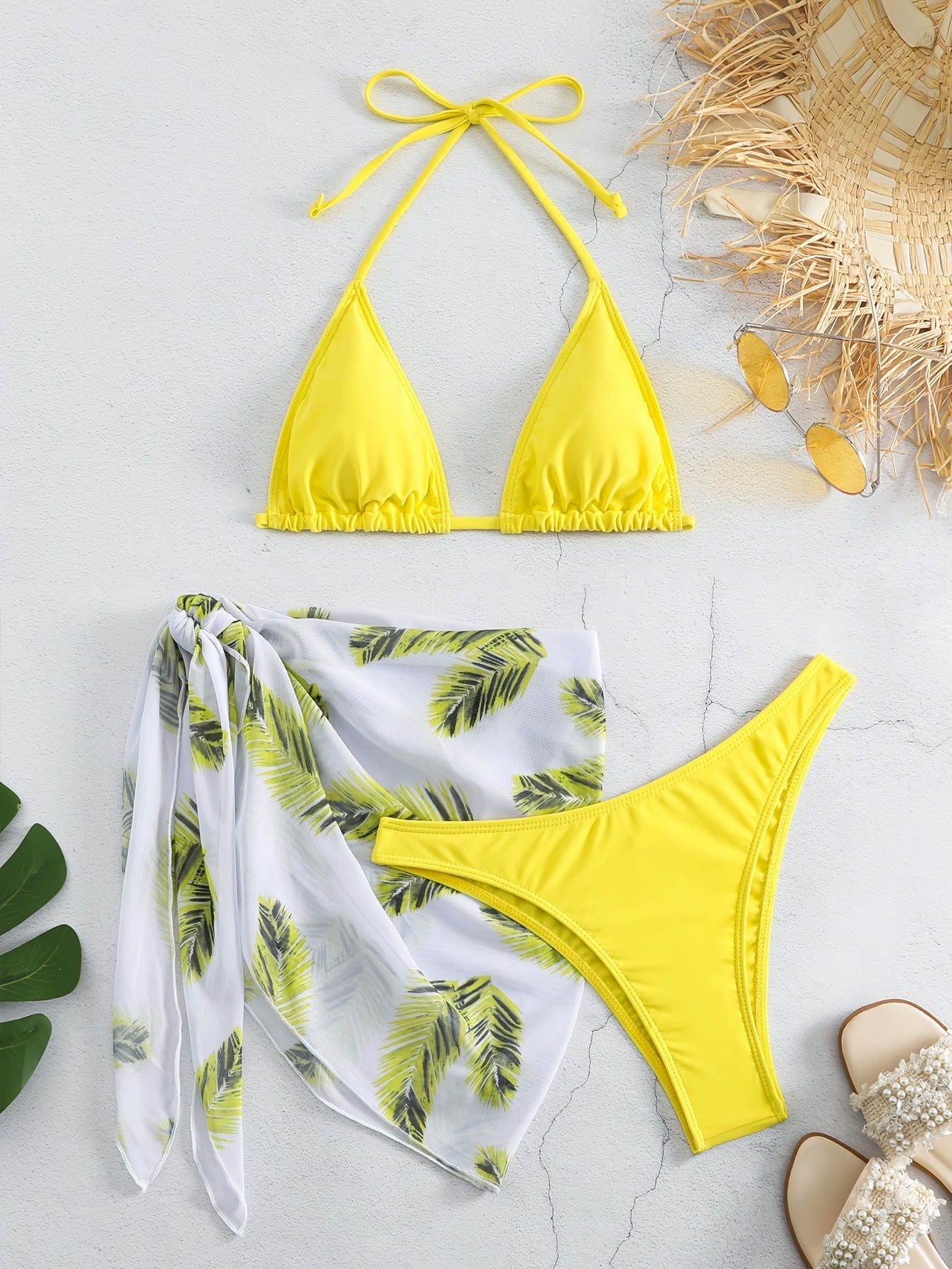 Bikini Three-piece Swimsuit Solid Color Skirt